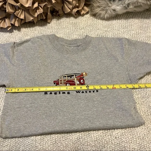 Raging Waters Embroidered Woodie Station Wagon Surfboard Gray Crewneck T Shirt